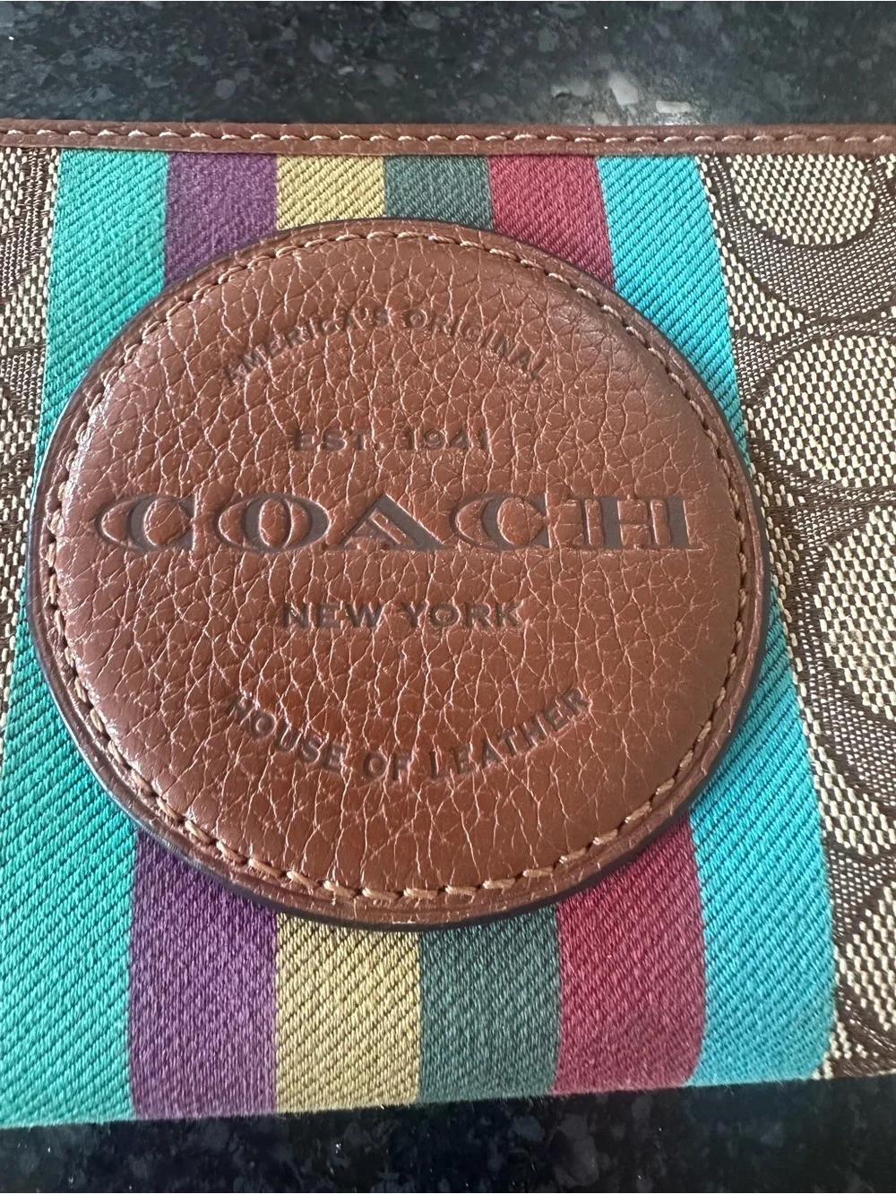 Coach Brown Leather Patch Wallet with Teal and Multicolor Stripes
